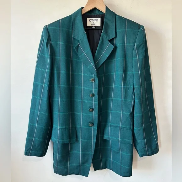 Teal Green Vintage Plaid Blazer By KASPER for ASL Size 14